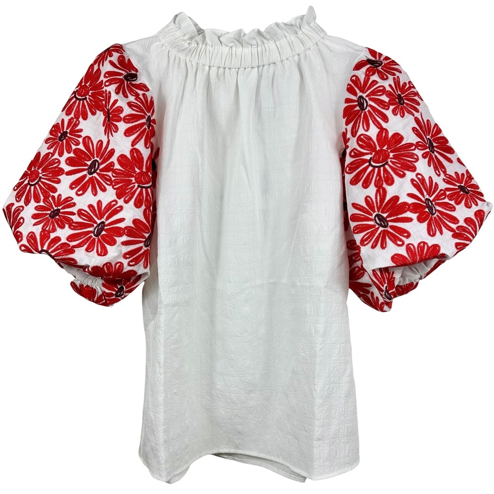 THML Top Puff Sleeve Floral Embroidery White Red Women Size S NWT